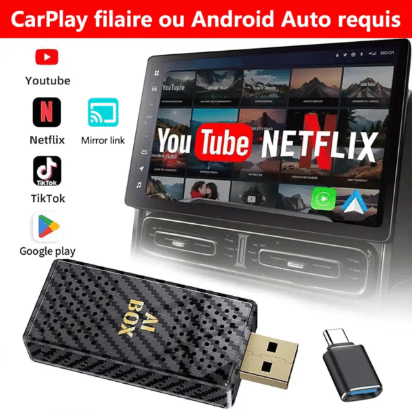 Mini Al Box - Streaming Netflix / Youtube / Tiktok sur votre voiture!  Adaptateur CarPlay et Android Auto sans fil 2 en 1, adapté aux voitures CarPlay filaires d'usine - Image 5